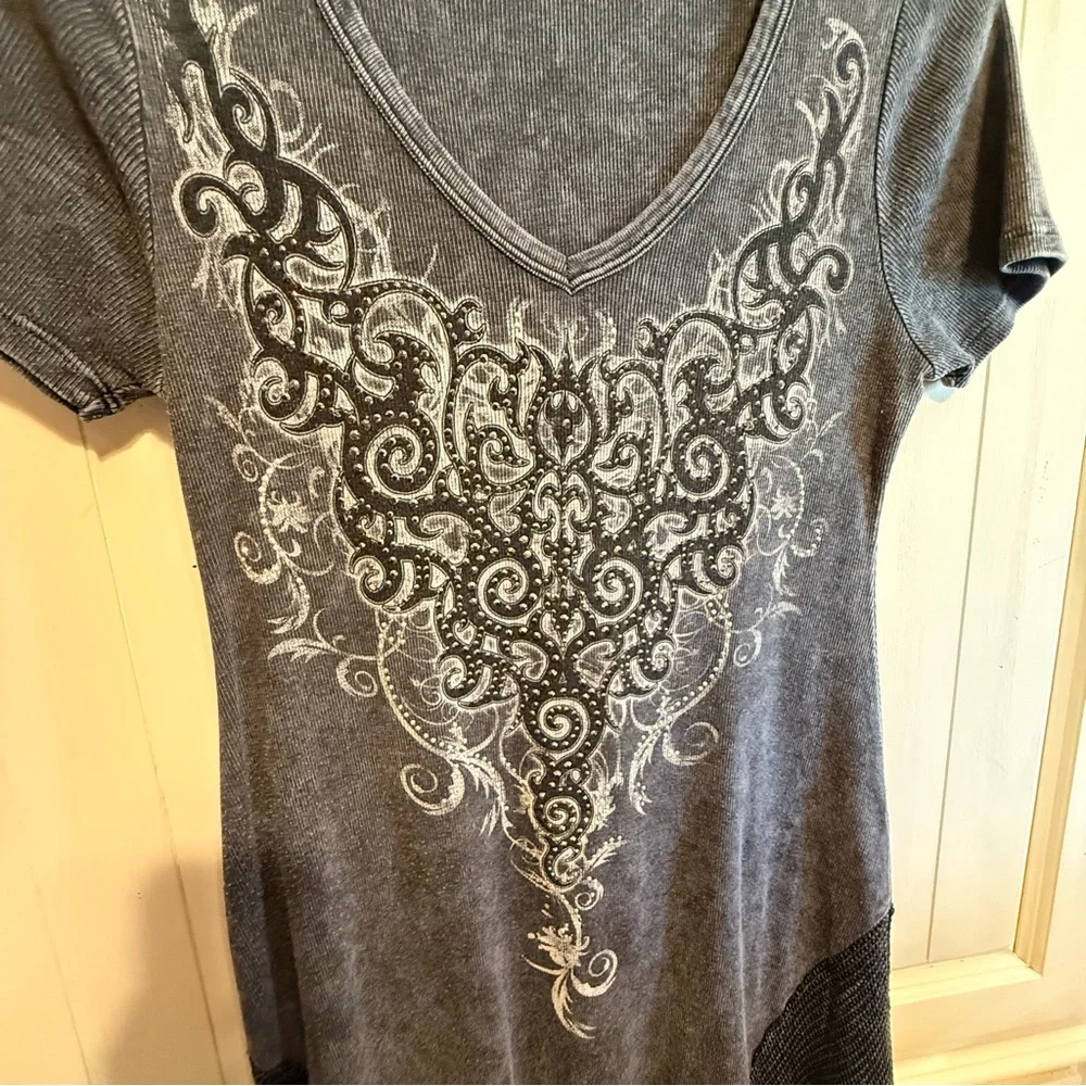Vocal Charcoal Embellished Short Sleeve Top Ribbed Knit - Picture 2 of 5